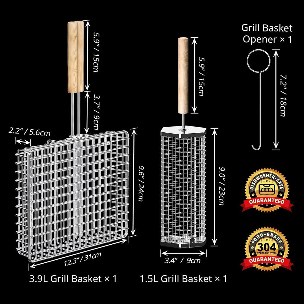 Grill Basket Set, Removable Wooden Handle, 304 Stainless Steel, Rolling BBQ Tools, Smoker Grilling Accessories for Vegetable Fish, Outdoor Cooking Camping, Birthday Gifts for Men Dad Husband