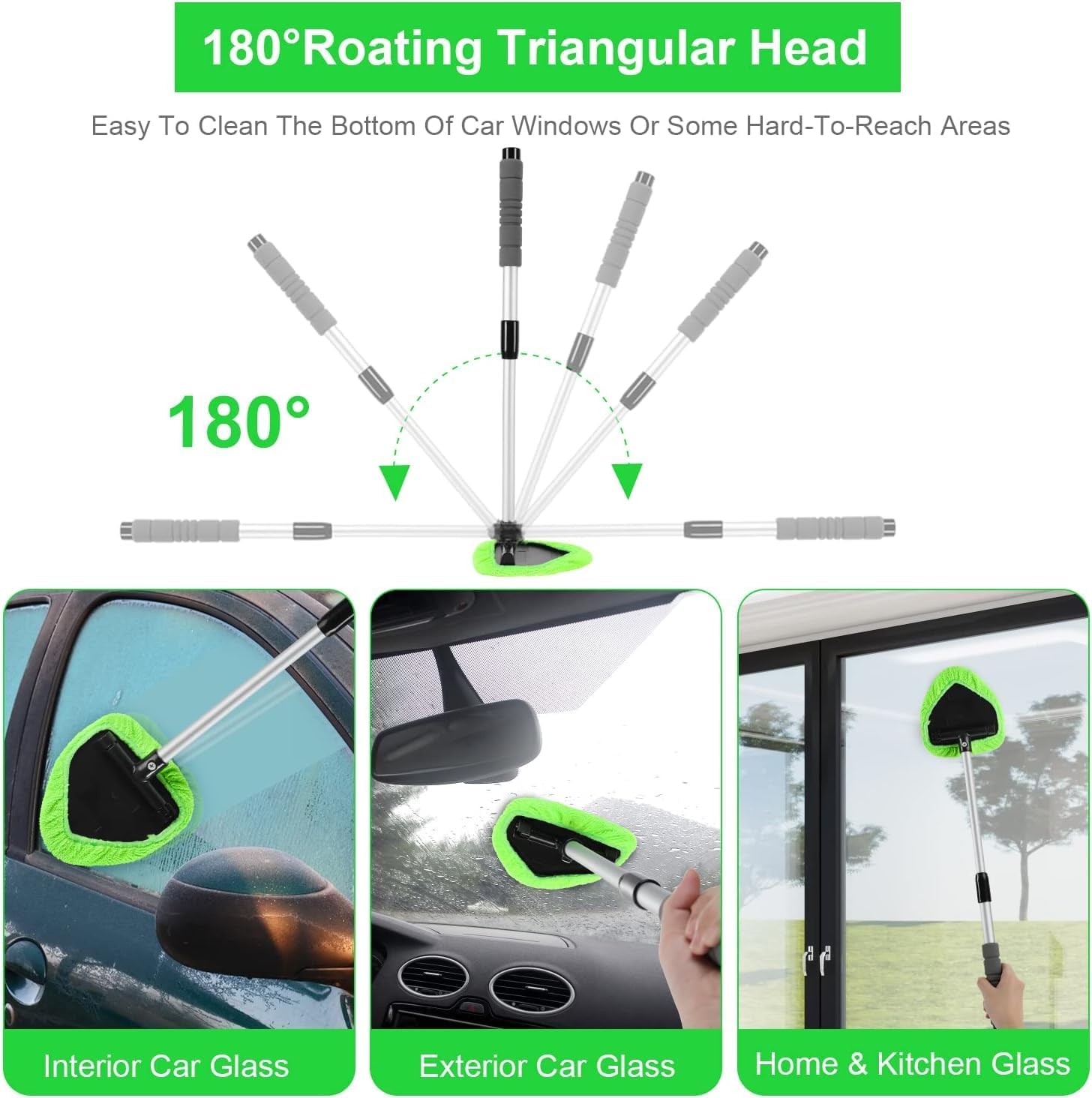 XINDELL 29-inch Windshield Cleaner Tool – Car Interior Window Cleaning Kit with Extended Long Handle & 4 Microfiber Pads, Auto Wiper Windshield Brush for Car, Trucks, SUVs, RVs & Home