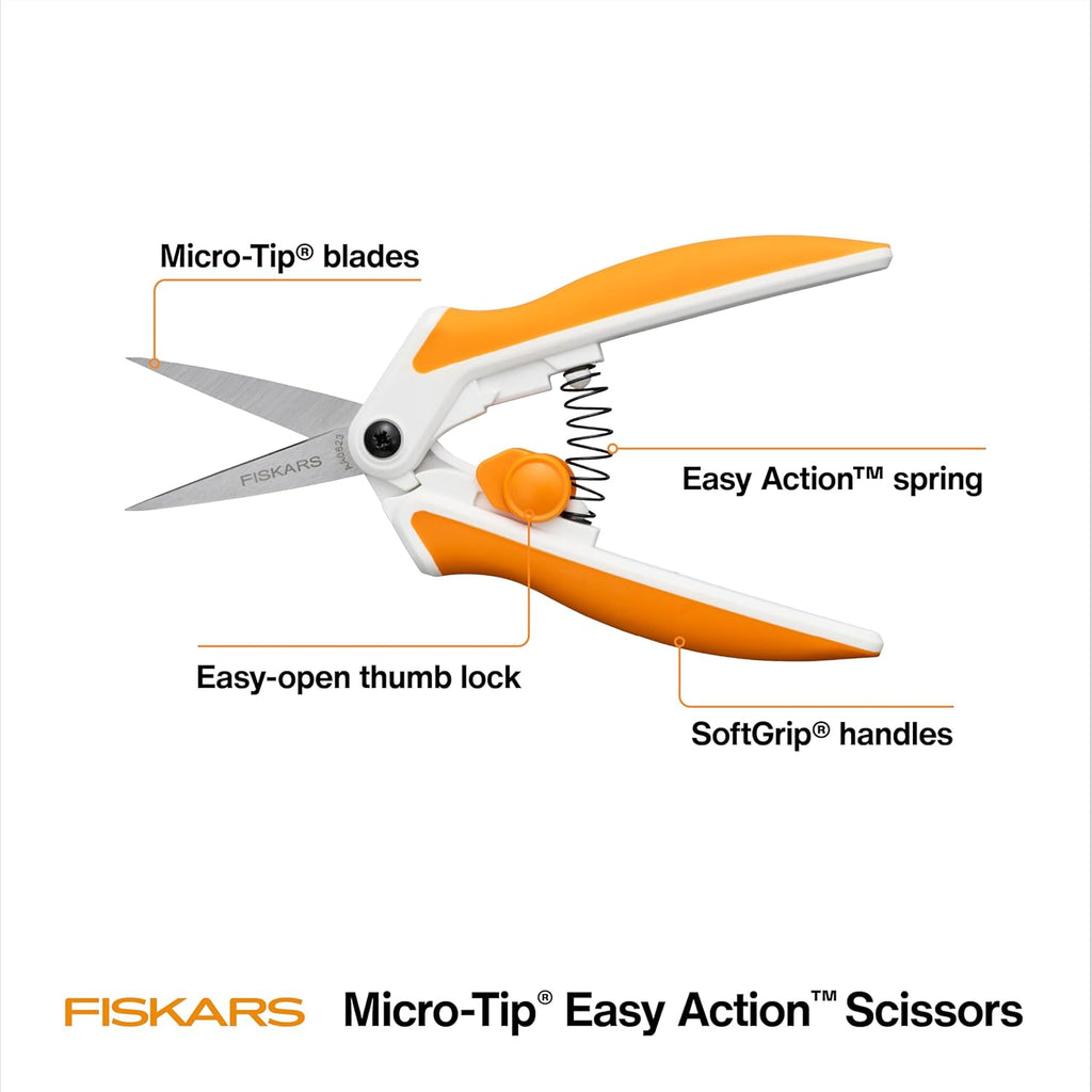 Fiskars Micro-Tip Spring Assisted Scissors, Precision Cutting Stainless Steel Blades, Comfort Handle, Cut Details in Fabric, Sewing Scissors and Arts and Crafts Tools