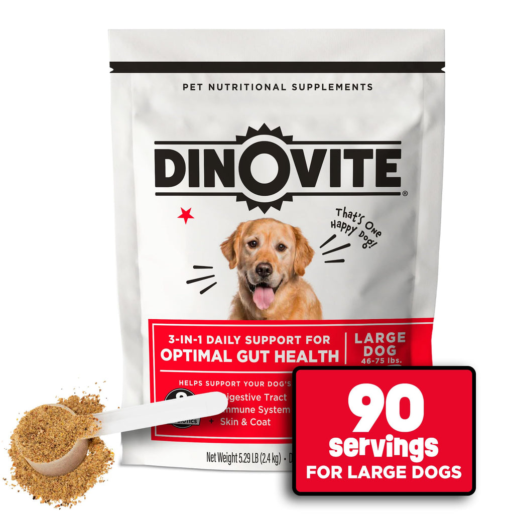 Dinovite Probiotics for Large Dogs, Probiotic Food Topper, 90 Servings | Probiotic Powder Food Topper, Omega-3 Fatty Acids, Digestive Health Support, Skin & Coat Health, For Large Dogs 45+ lb
