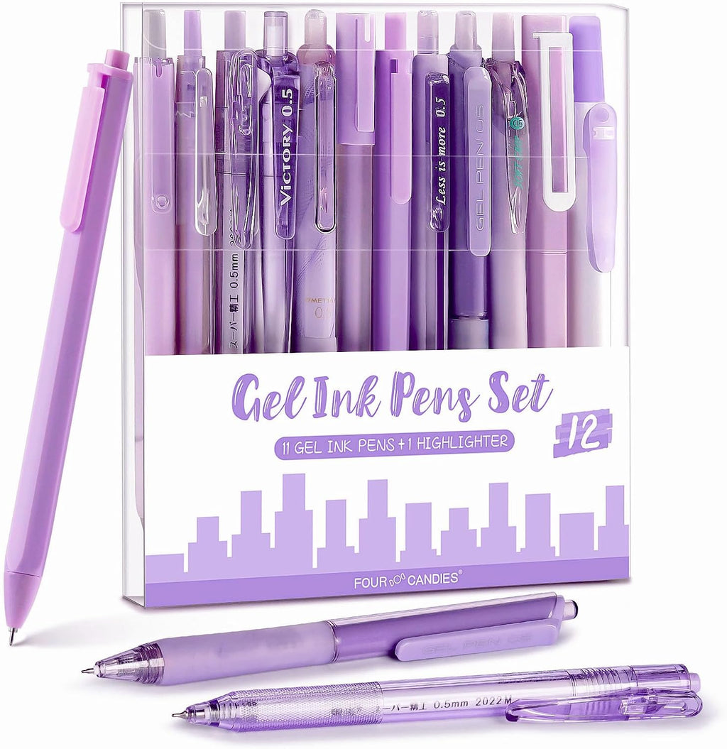 Four Candies Lavender Series Gel Pens, Black & Purple Ink Writing Pens with 0.5 mm Smooth Fine Point, School Office Stationery Supplies Desk Accessories Stocking Stuffers Gifts for Women, Set of 12
