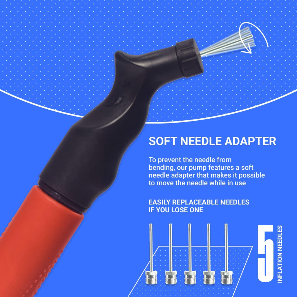 SPORTBIT Ball Pump for Sports Balls - Push & Pull Inflating System - Hand Pump for All Exercise Balls - Volleyball Pump, Basketball Inflator, Football & Soccer Ball Air Pump - Goes with 5 Needles Set