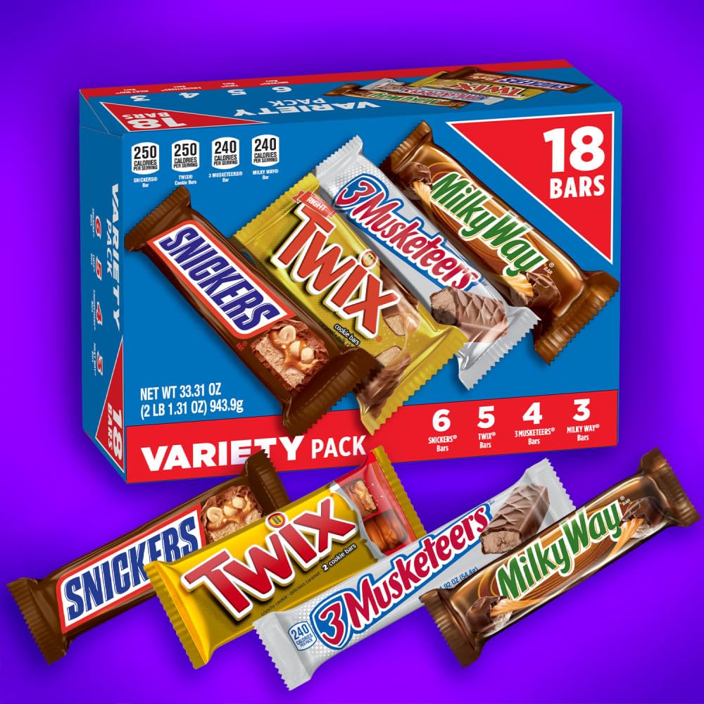 SNICKERS, TWIX, MILKY WAY & 3 MUSKETEERS Individually Wrapped Variety Pack Full Size Milk Chocolate Candy Bars Bulk Assortment, 33.31 oz, 18 Bars