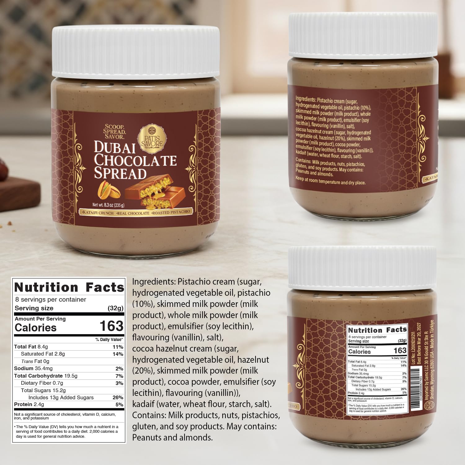 Dubai Chocolate Spread with Kataifi Pistachio Cream – 8.3oz Luxurious Middle Eastern Chocolate Delight – Rich, Creamy Texture, Premium Gourmet Gift