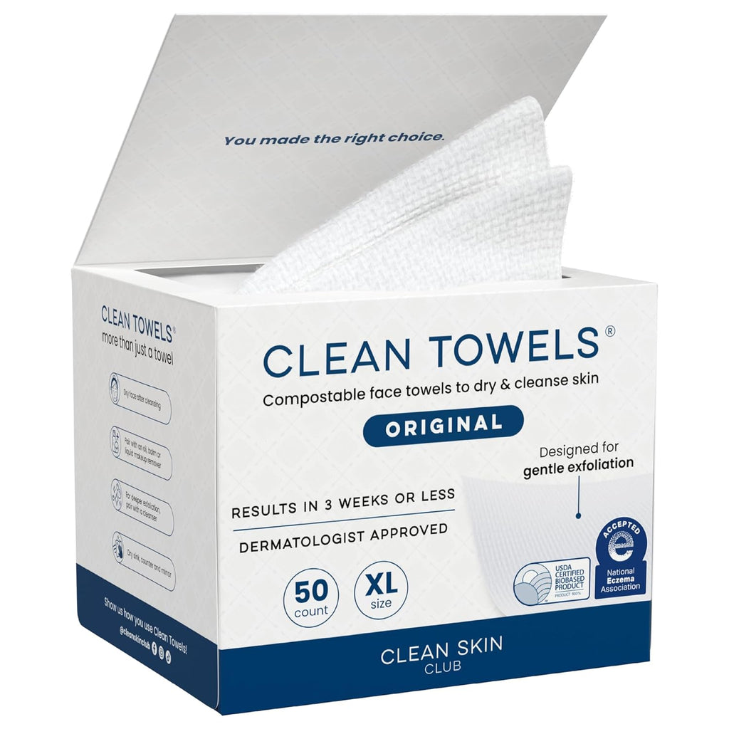 Clean Skin Club Clean Towels XL™, 100% USDA Biobased Face Towel, Disposable Face Towelette, Eczema Association Accepted, Makeup Remover Dry Wipes, Ultra Soft, 100 Ct, 2 Pack