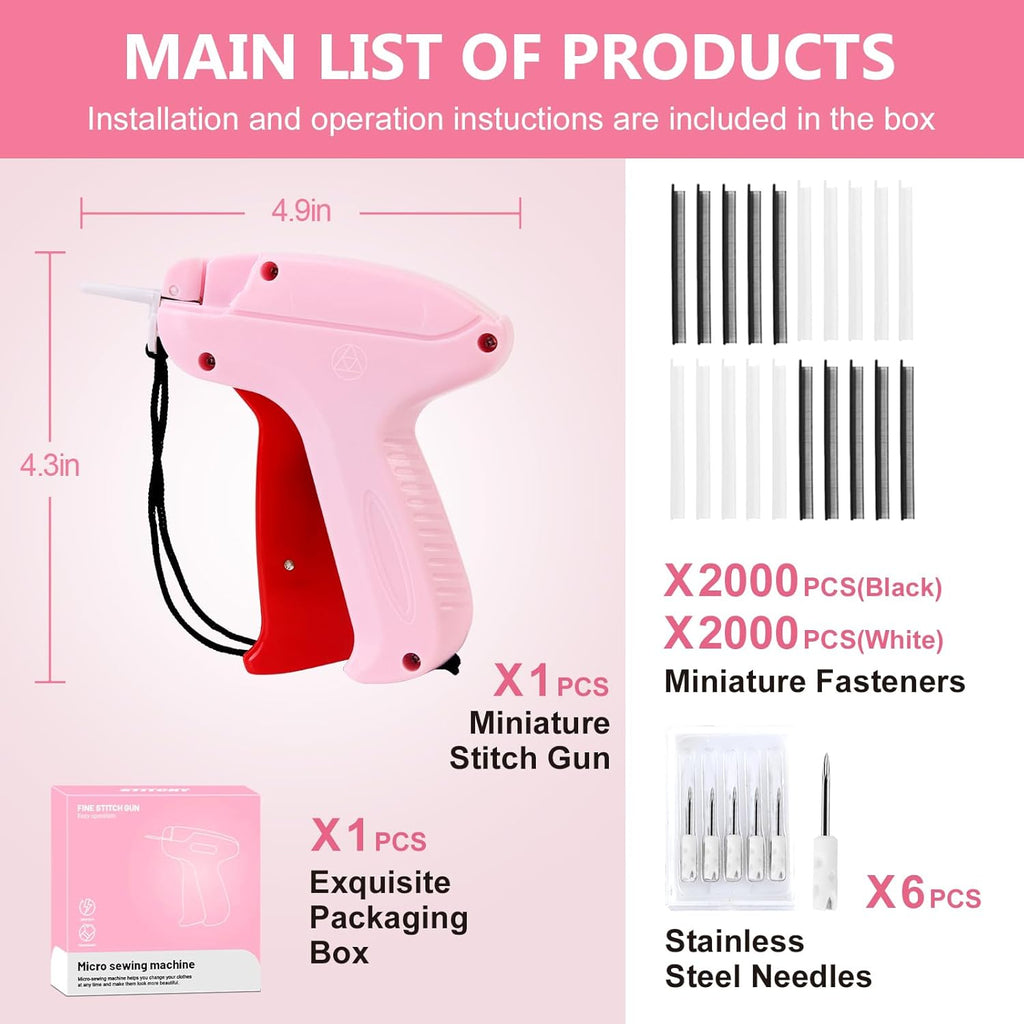 Stitch Gun with 6 Fine Needles,4000 Pcs Micro Fasteners(2000 White & 2000 Black).Quick Clothing Fixer Stitch Gun for Clothes Quick Stitchy Sewing Gun Clothing Tag Gun for Clothes