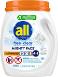 All Laundry Detergent Pacs, Mighty Pacs with OXI Stain Removers and Whiteners, Free Clear, Unscented and Dye Free, 56 Count