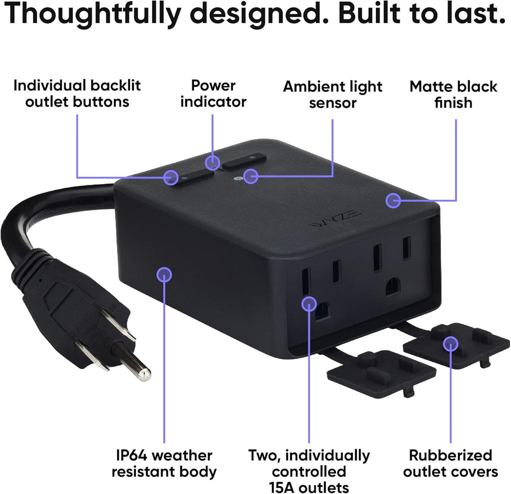 Wyze Plug Outdoor, Dual Outlets Energy Monitoring, IP64, 2.4GHz WiFi Smart Plug, Works with Alexa, Google Assistant, IFTTT, No Hub Required, Black