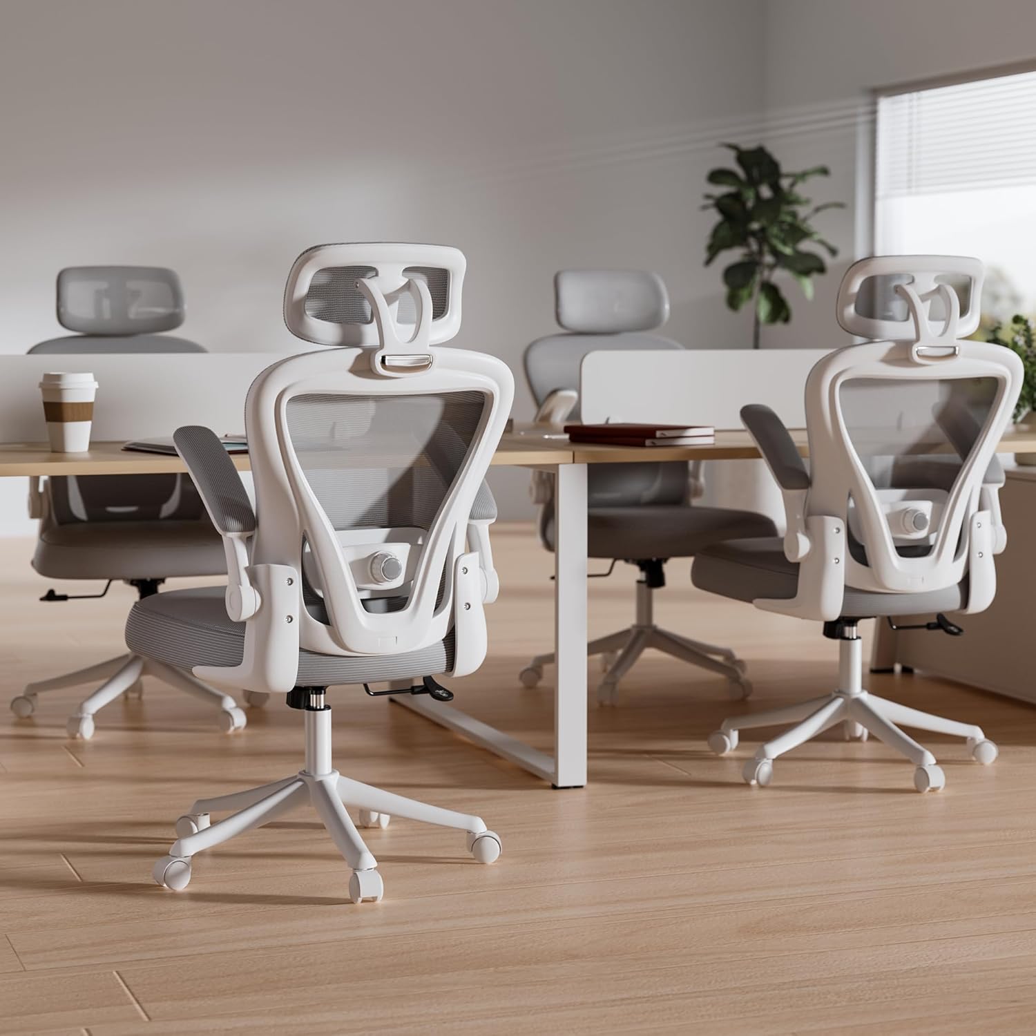 Ergonomic Office Chair M903, Computer Desk Chair with Wheels, High Back Mesh Office Chair with Adjustable Lumbar Support, Headrest, Flip-Up Armrests, Withe Grey