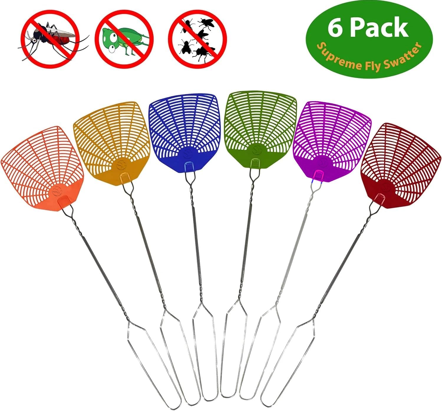 Supreme Bug & Fly Swatter 6-Pack – Braided Metal Handle 6 Pack Fly Swatters, Multi Pack Colors, – for Indoor/Outdoor – Flyswatter