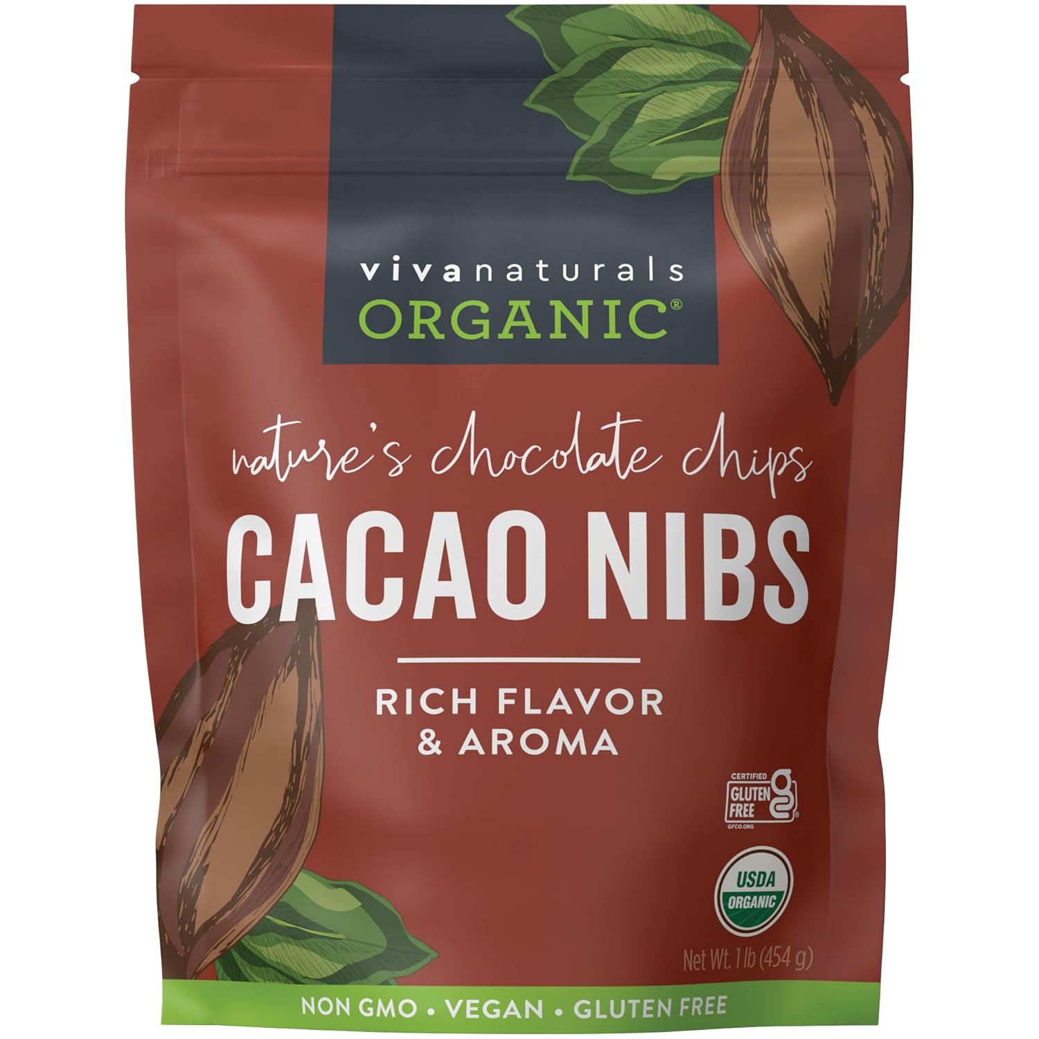 Viva Naturals Organic Cacao Nibs, Unsweetened, 1 LB (454 g), Keto Friendly, Vegan, Non-GMO, Gluten-Free Chocolate Chip Substitute