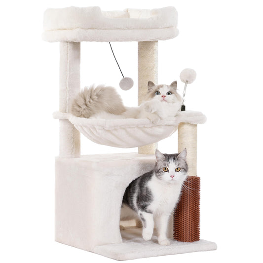 Cat Tree 32 Inches Small Cat Tree for Large Cats Adult Cat Tower with Scratching Post,15.7”Large Hammock and Self Groomer, and Removable Top Perch and Wide Condo for Indoor Cats-Beige