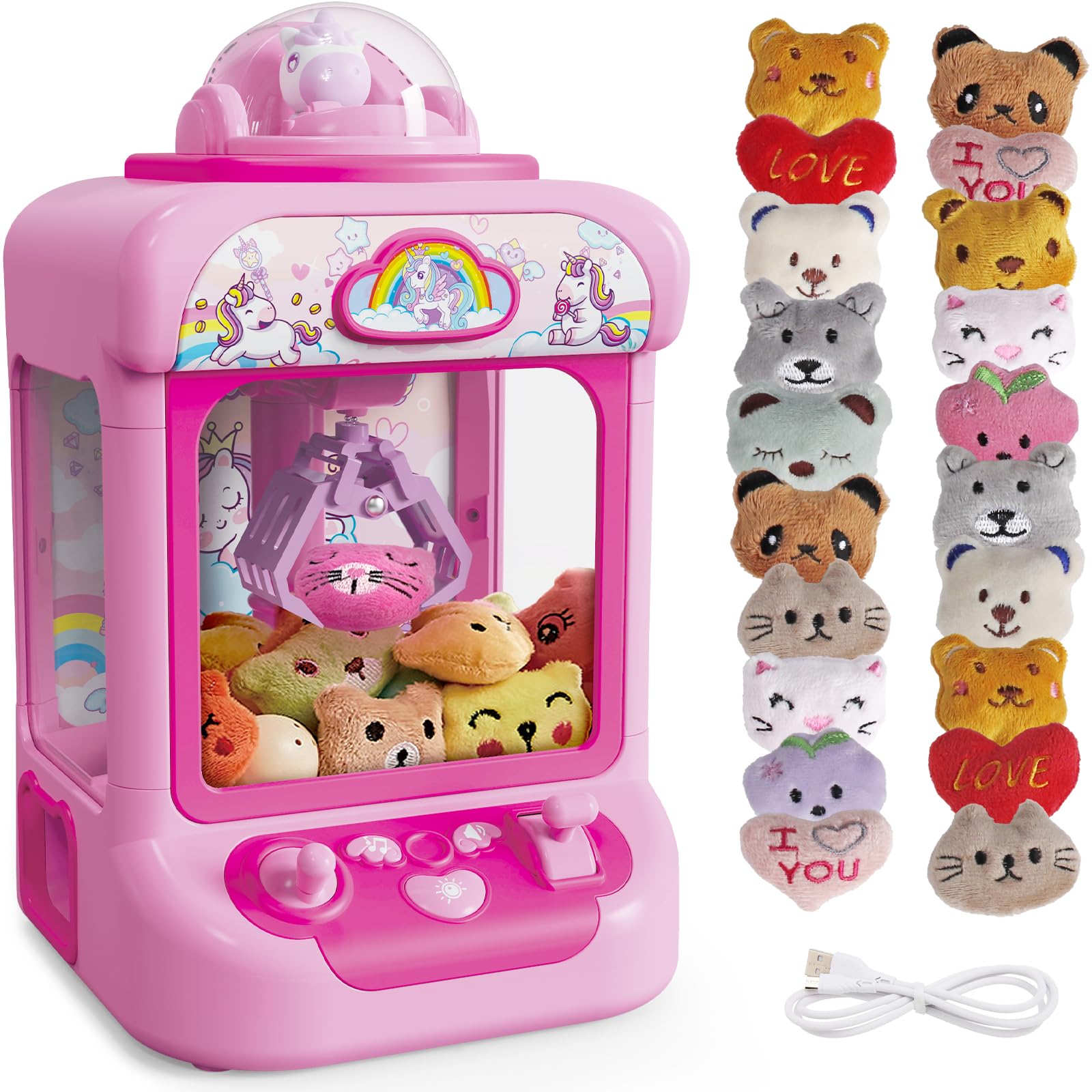 Marlrin Claw Machine for Kids, Mini Vending Machine Girls Unicorn Toys, Candy Grabber Prize Dispenser with Sound & 20 Mini Plush Toys, Electronic Arcade Game Indoor Toy for Home Party Birthday Gifts