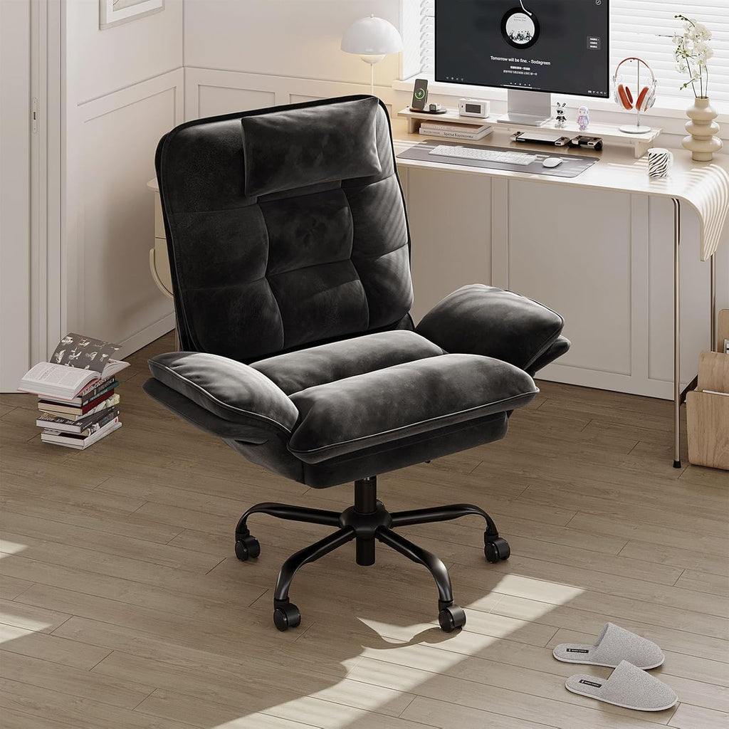 Bestier Cross Legged Office Chair, Criss Cross Chair with Adjustable Arms, 135° Reclining Velet Executive Chair with Wheels, Big and Tall Computer Desk Chair for Home, Office - Black