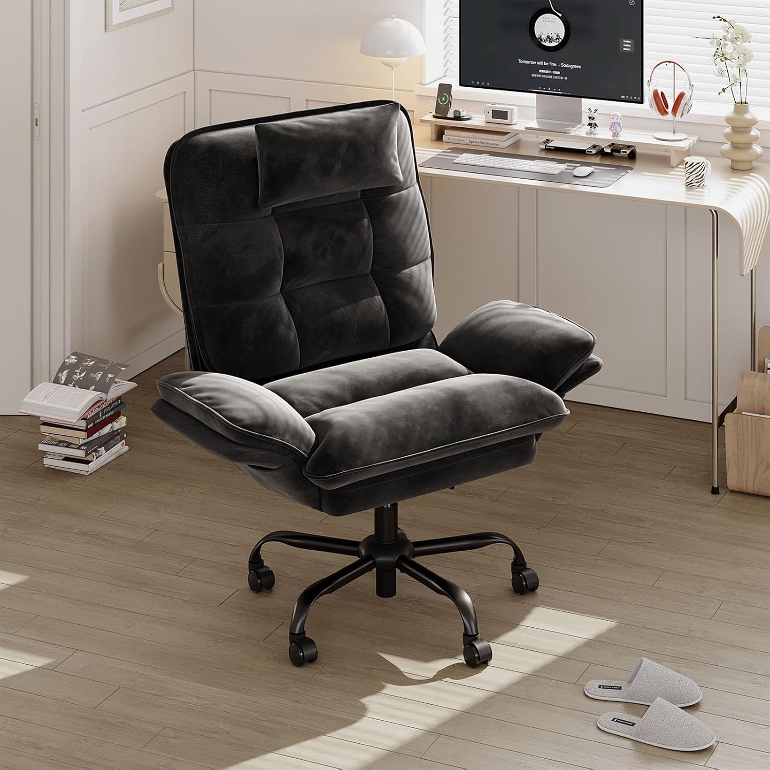 Bestier Cross Legged Office Chair, Criss Cross Chair with Adjustable Arms, 135° Reclining Velet Executive Chair with Wheels, Big and Tall Computer Desk Chair for Home, Office - Black