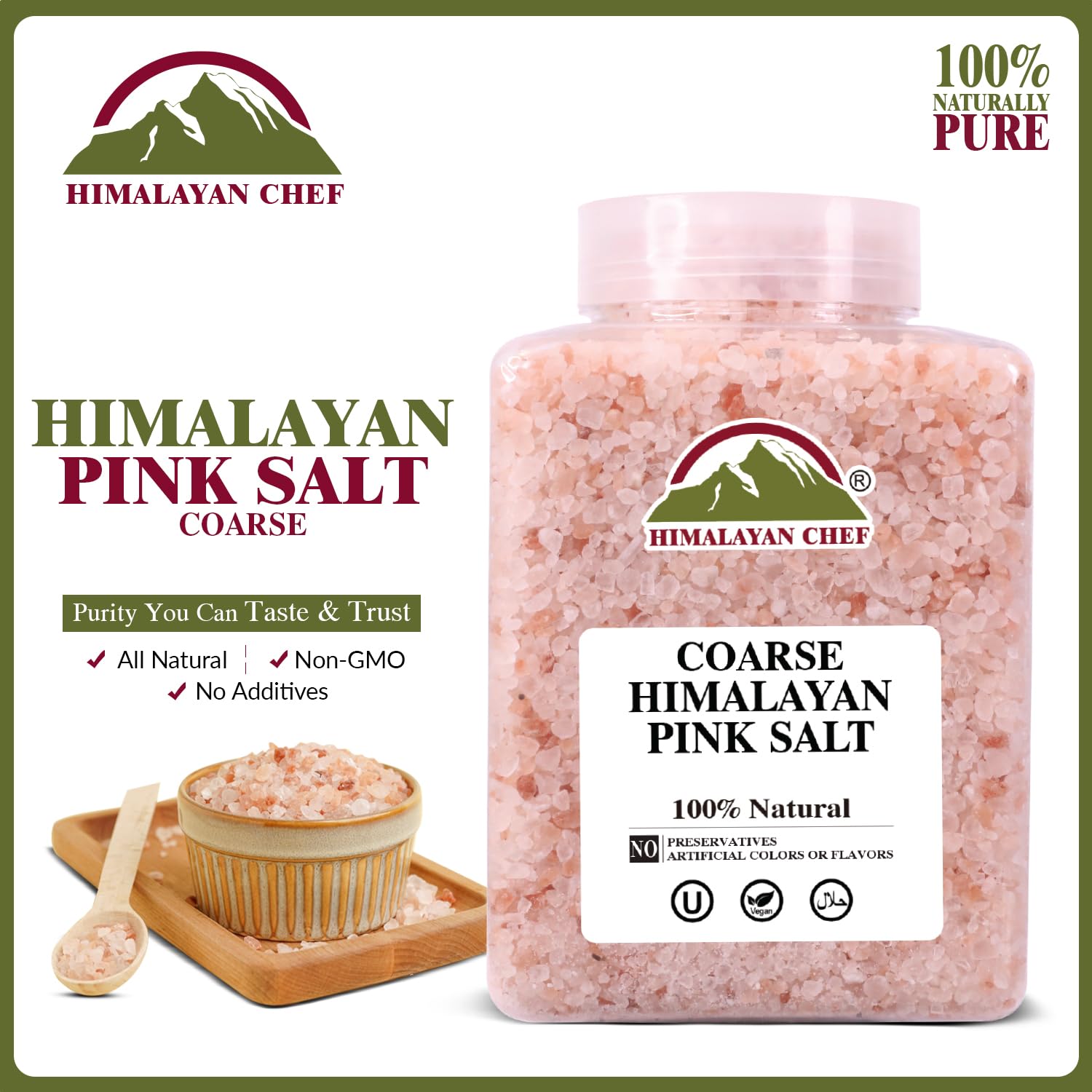 Himalayan Chef Pink Himalayan Salt Coarse Grain, 5 lbs Plastic Jar - Pure, Natural, Kosher, Mineral-Rich, Ideal for Grinder Refills, Cooking, Seasoning