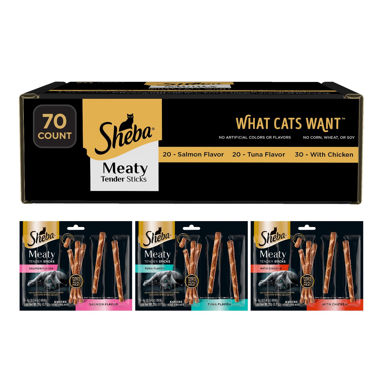 Sheba Meaty Tender Sticks Cat Treats Chicken, Tuna Flavor, or Salmon Flavor, 0.14 oz., 70 Count