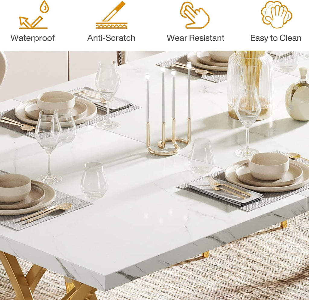 Tribesigns Modern Dining Table, 63" Large Kitchen Table for 4-6 People, Unique Rectangular Dinner Table Kitchen & Dining Room Furniture with Faux Marble Tabletop and Geometric Legs