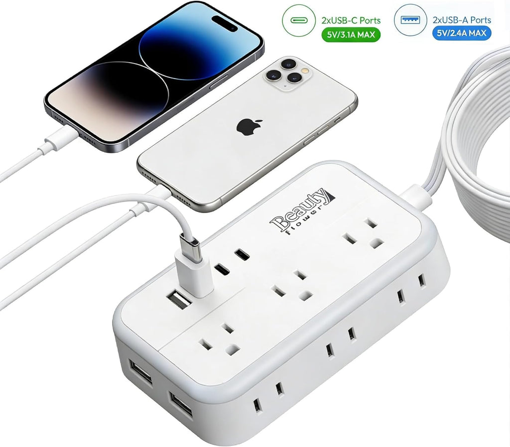 6 Ft Surge Protector Power Strip - 8 Widely Outlets with 4 USB Ports, 3 Side Outlet Extender with 6 Feet Extension Cord, Flat Plug, Wall Mount, Desk USB Charging Station, ETL,White