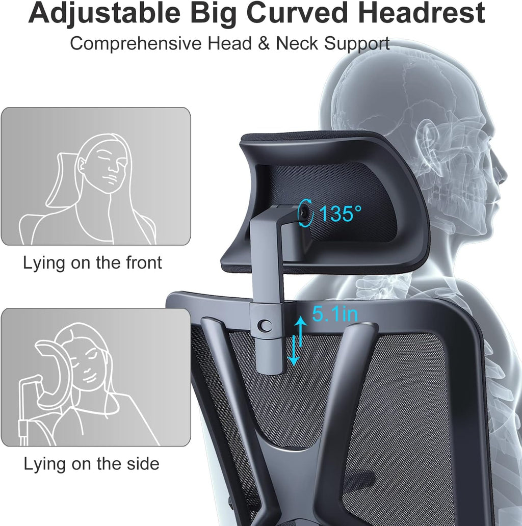 Ticova Ergonomic Office Chair - High Back Desk Chair with Adjustable Lumbar Support, Headrest & 3D Armrest