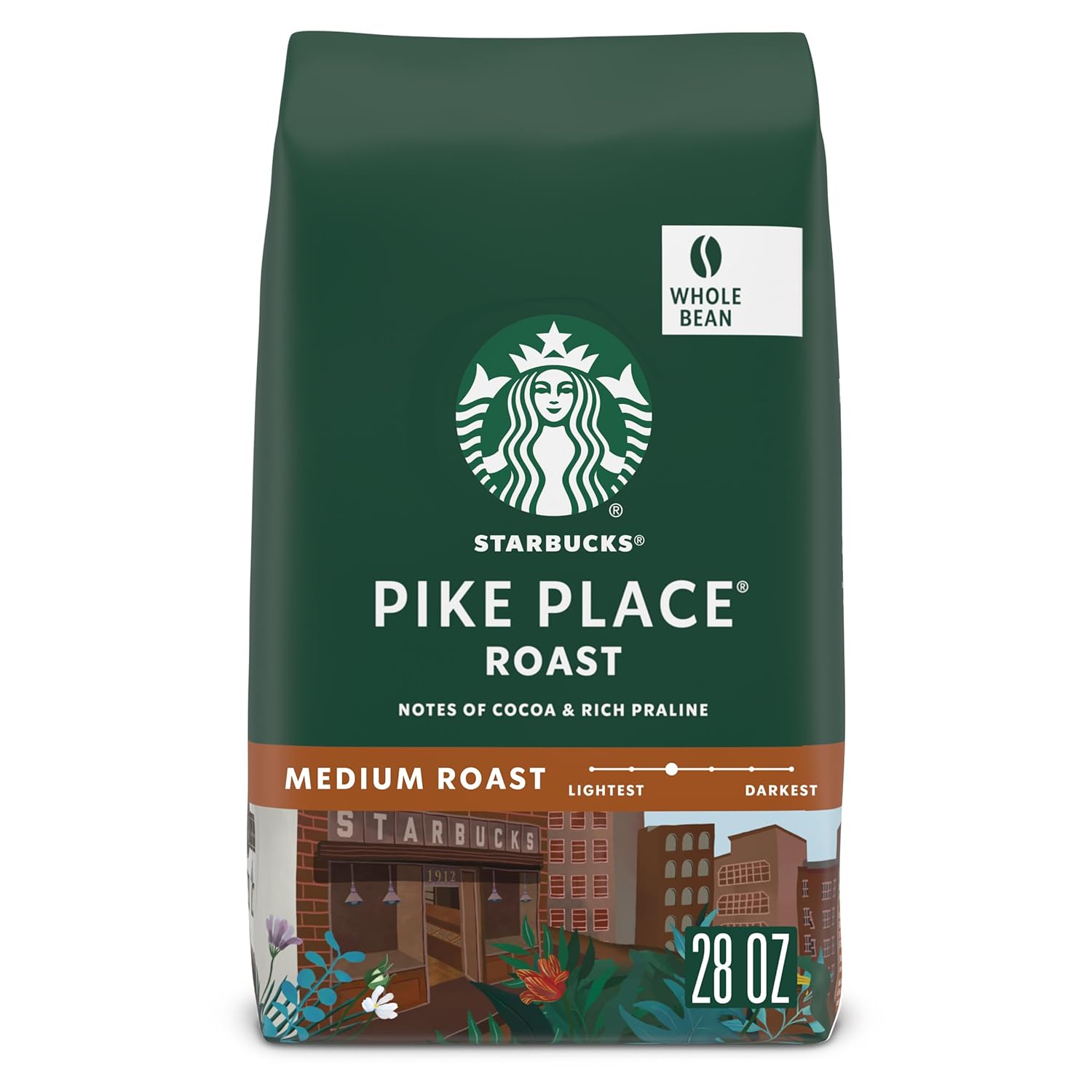 Starbucks Whole Coffee Beans, Medium Roast Hot or Iced Coffee, Pike Place Roast, 28 oz