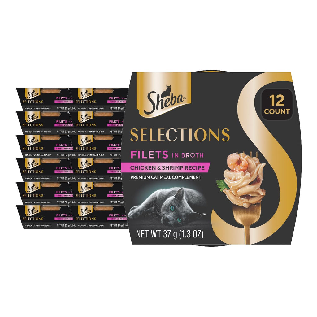 Sheba Selections Filets in Broth, Adult Cat Food Wet Recipe, Meal Complement, Wet Cat Food Variety Pack, Chicken & Shrimp Recipe, 1.3 oz. Cups, 12 Count