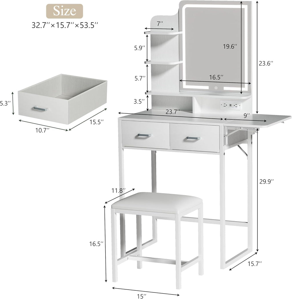 Makeup Vanity Desk with Mirror and Lights, Small Vanity with Fabric Storage Drawer & Chair & Shelves, White Vanity with Fold-up Panel and Power Outlet for Bedroom