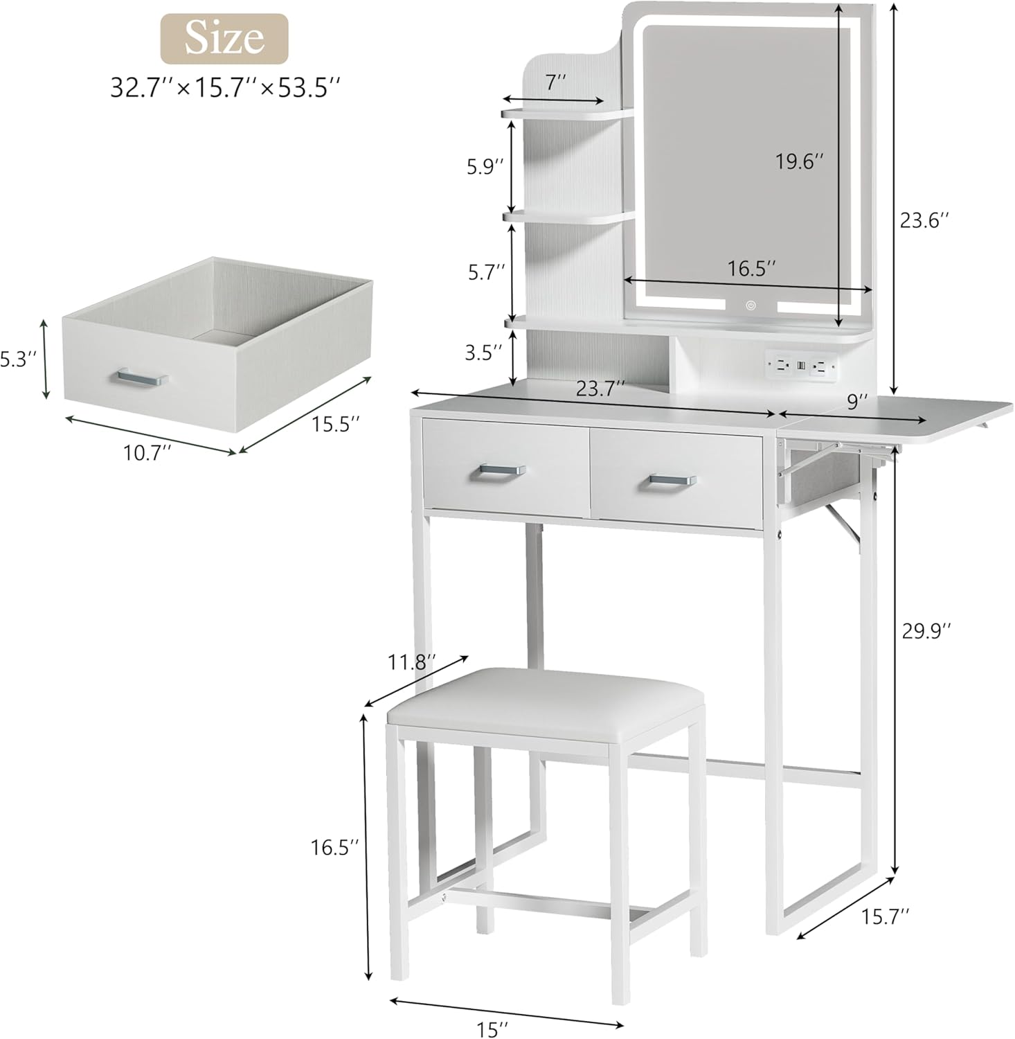 Makeup Vanity Desk with Mirror and Lights, Small Vanity with Fabric Storage Drawer & Chair & Shelves, White Vanity with Fold-up Panel and Power Outlet for Bedroom