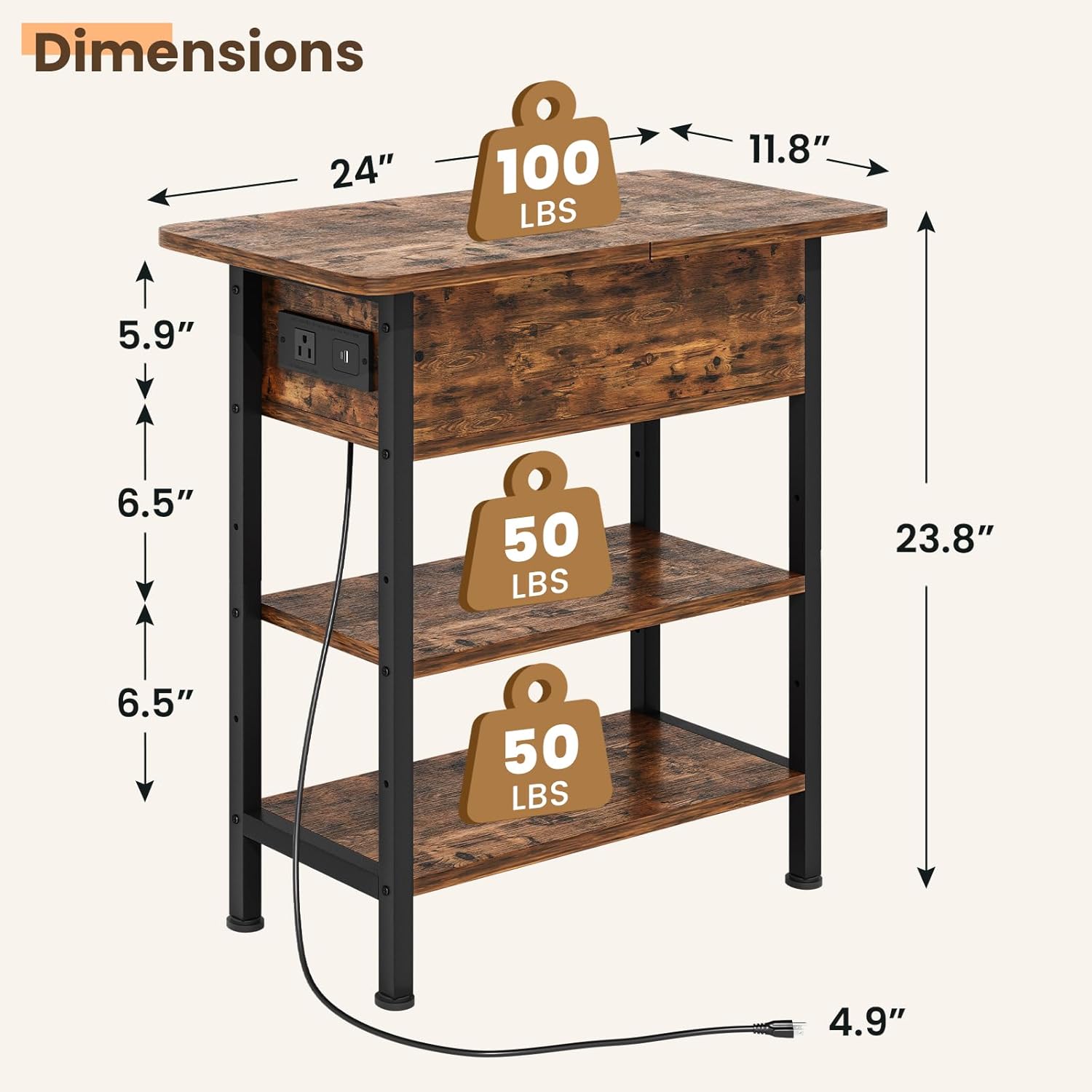 End Table with Charging Station, Flip Top Side Table with USB Ports and Outlets, 3-Tier Small Side Table with Storage for Small Space, End Tables for Living Room/Bedroom, Brown