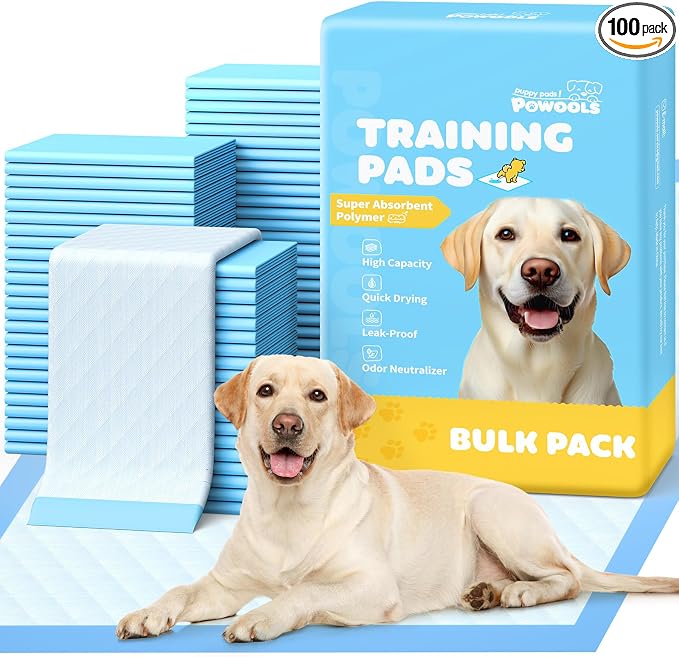 Powools Puppy Pads for Dogs, 34 x 28 in, 6-Layer, Leak-Proof, 100-Pack | X-Large Pee Pads for Dogs Potty Training, Quick-Dry Design, Wee Wee Pads for Dogs, Puppy Training Pads