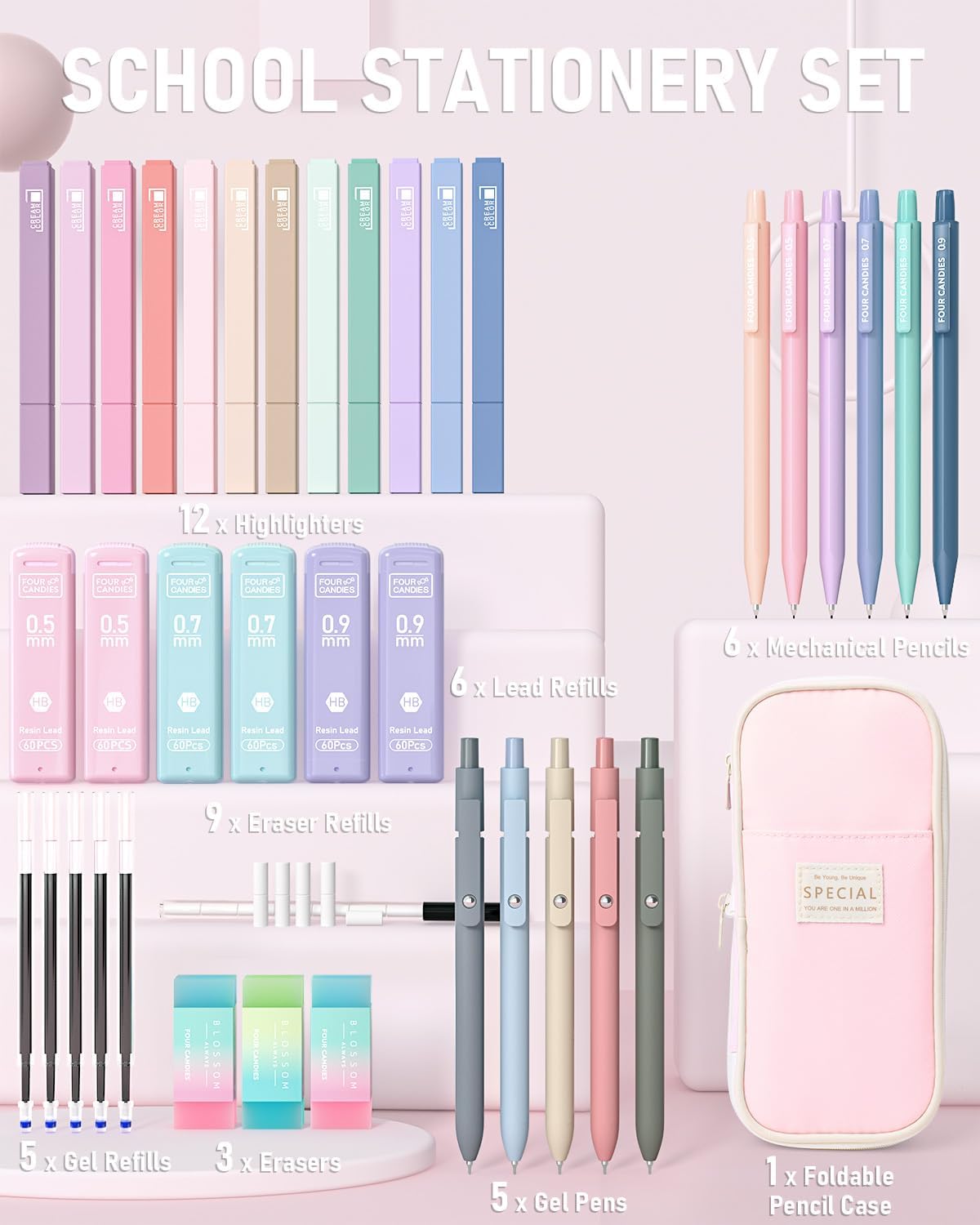Four Candies 39 PCS Aesthetic School Supplies with Cute Pen Case, 12 Pastel Highlighters, 5 Black Ink Gel Pens, 6 Mechanical Pencils Set for Students Stationary College Essentials (Pink)