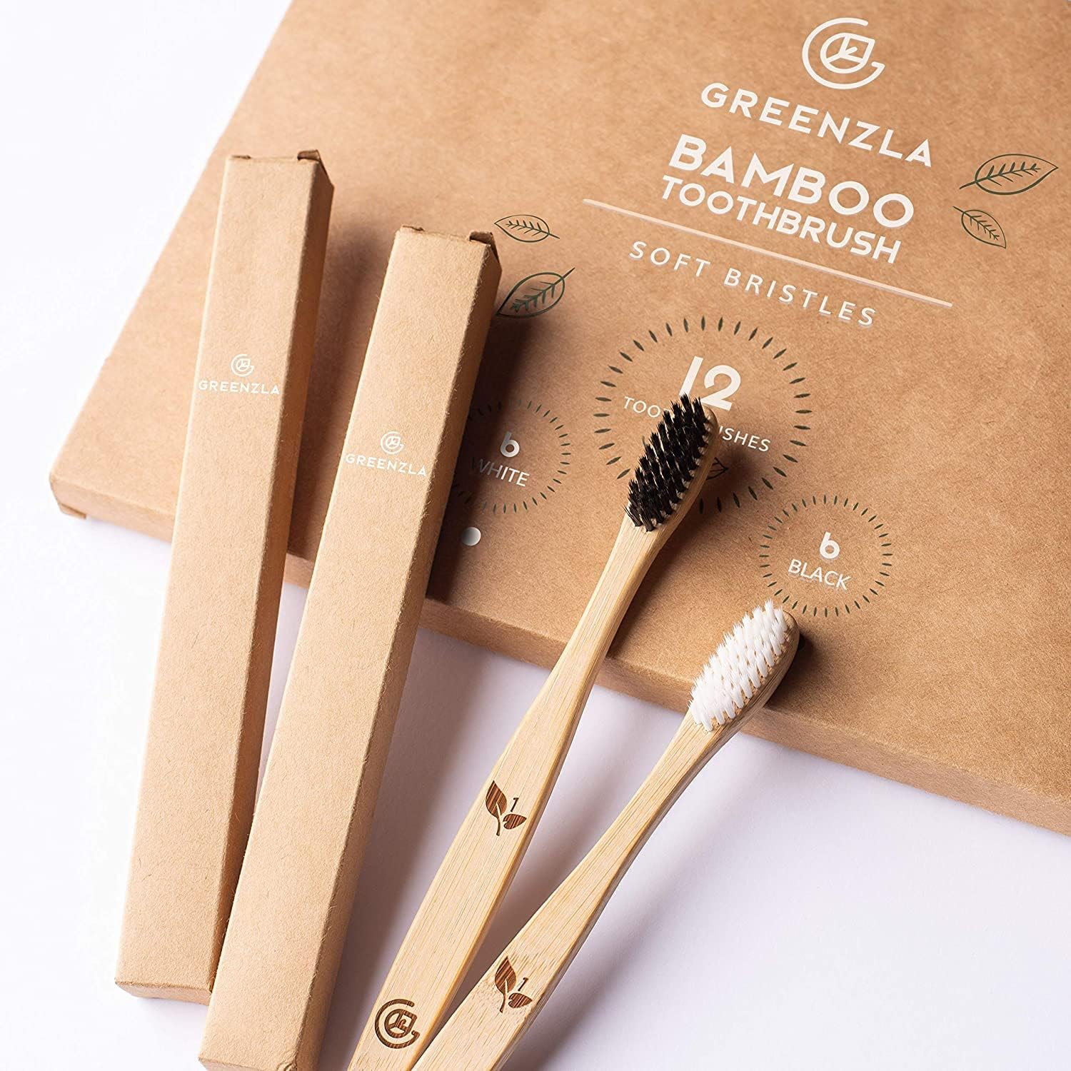 Greenzla Bamboo Toothbrushes for Adults – 12 Pack Wooden Toothbrush Set with Charcoal-Infused Soft Bristles, Natural Oral Care for Daily Use
