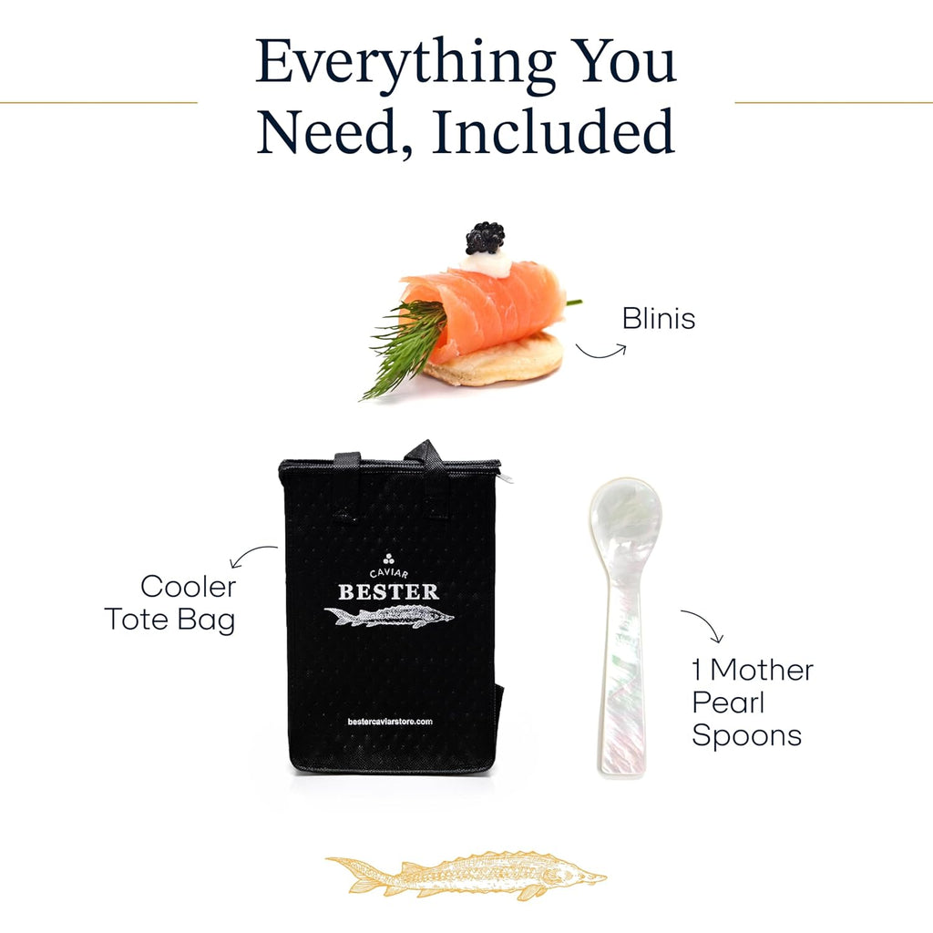 BESTER CAVIAR Royal Beluga Hybrid Sampler Set 1.05oz (30g) – Huso huso x Baerii Sturgeon Sampler Package – Caviar Serving Set with Mini Blinis (30 pcs), Mini Cooler, & 1 Spoon