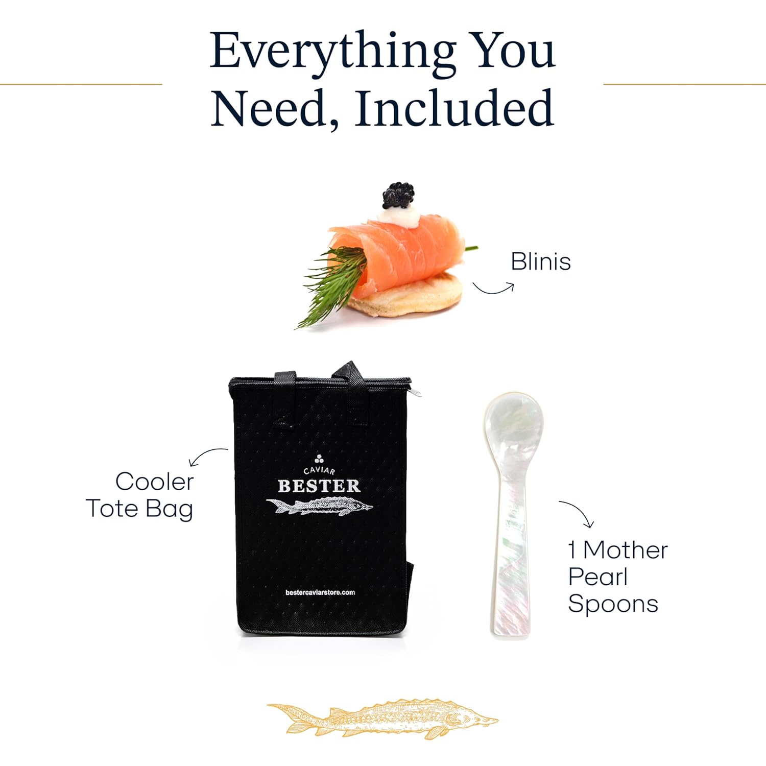 BESTER CAVIAR Royal Beluga Hybrid Sampler Set 1.05oz (30g) – Huso huso x Baerii Sturgeon Sampler Package – Caviar Serving Set with Mini Blinis (30 pcs), Mini Cooler, & 1 Spoon