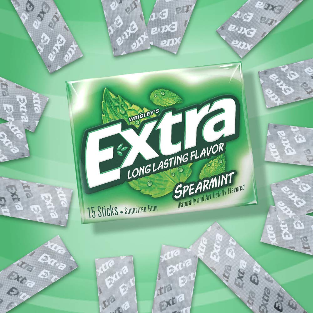 Extra Gum Spearmint Sugarfree Gum Bulk, Individually Wrapped, Perfect for Long Lasting Fresh Breath at School, Work & Travel 15 Count, Pack of 10