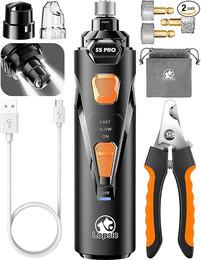 Whisper Quiet Dog Nail Grinder with 4 LED Lights, Safe & Stress-Free for Sensitive Dogs Cats of All Breeds & Sizes, 3 Grinding Bits, 3-Speed, Pet Nail Trimmers, Rechargeable Painless Grooming Kit