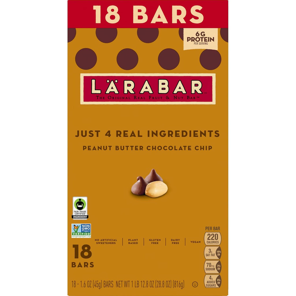 Larabar Peanut Butter Chocolate Chip, Fruit and Nut Bars, Gluten Free and Vegan, 28.8 oz, 18 Ct