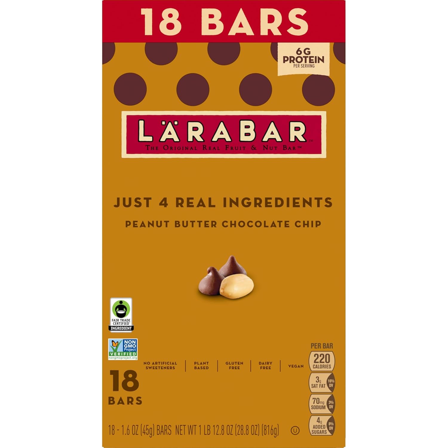 Larabar Peanut Butter Chocolate Chip, Fruit and Nut Bars, Gluten Free and Vegan, 28.8 oz, 18 Ct