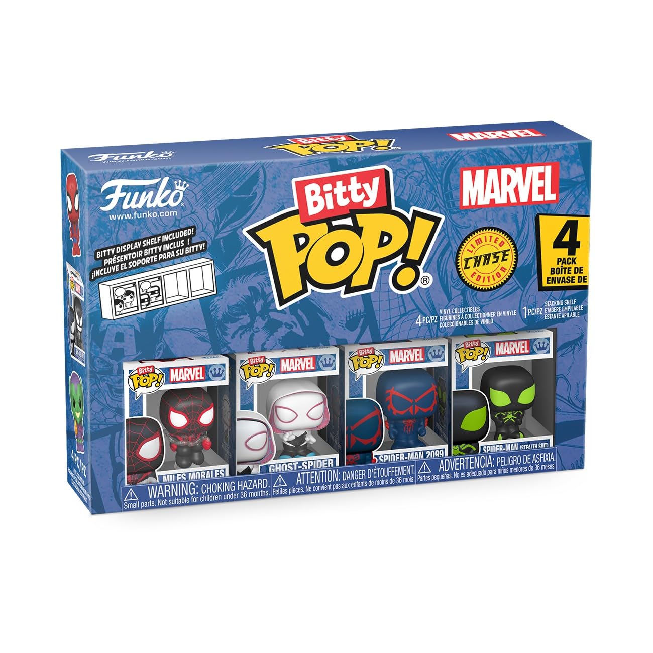 Funko Pop! Bitty: Spider-Man - Miles Morales, Ghost Spider, Spider-Man 2099, and Mystery Chase Figure - 0.9 Inch (2.2 Cm) - Marvel Comics Collectable - Stackable Display Shelf Included - Gift Idea