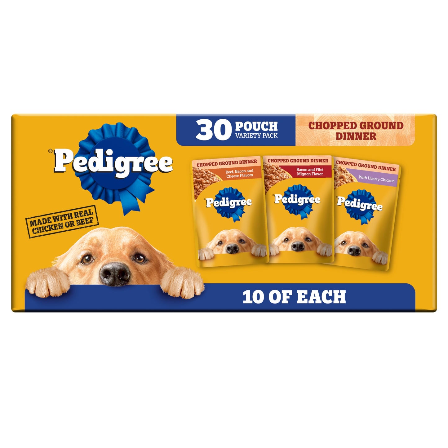 Pedigree Chopped Ground Dinner Wet Dog Food Pouches Variety Pack, 3.5 oz Pouches, 30 Count