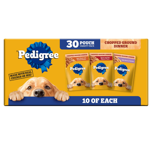 Pedigree Chopped Ground Dinner Wet Dog Food Pouches Variety Pack, 3.5 oz Pouches, 30 Count