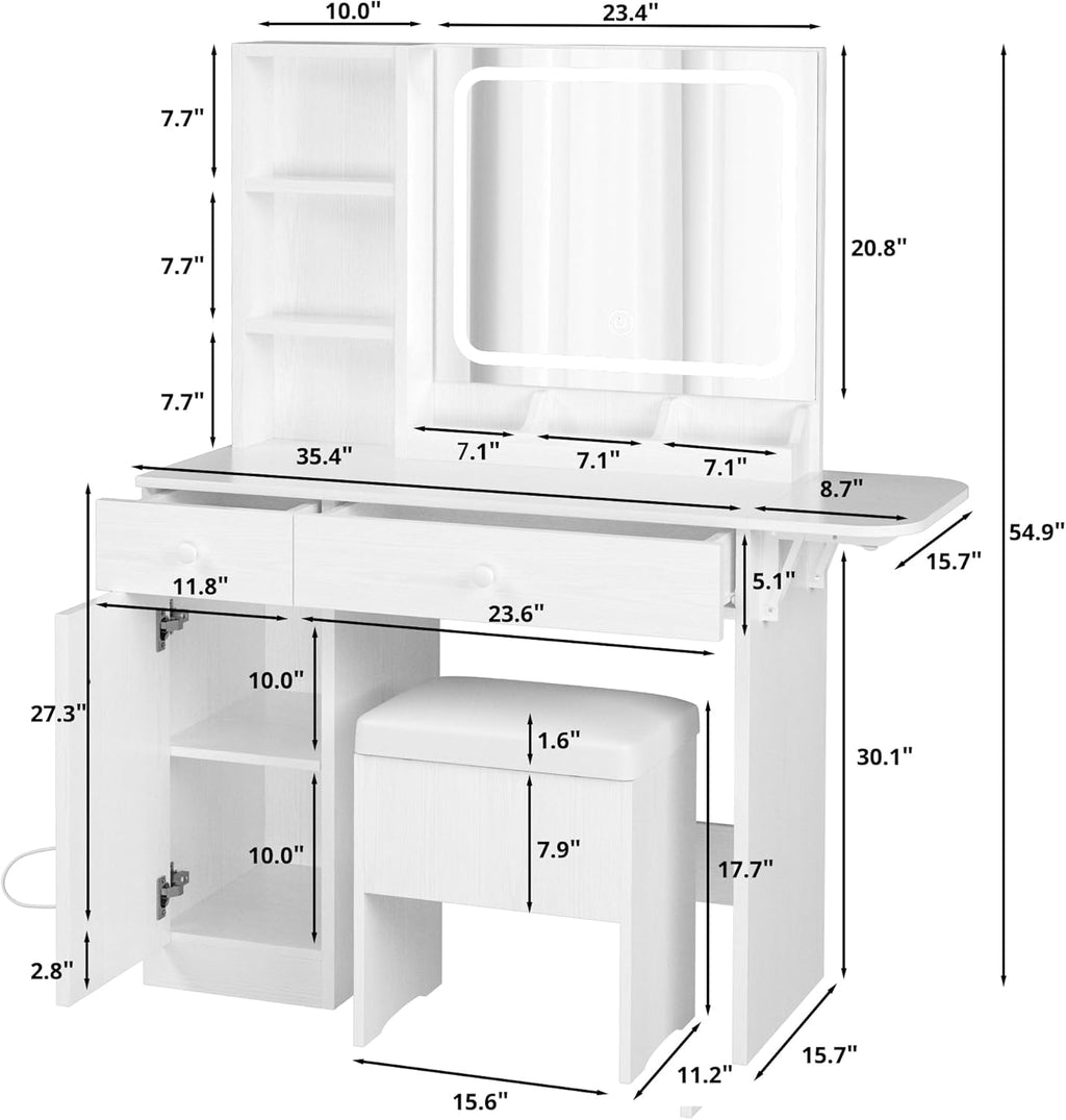 IRONCK Vanity Desk with LED Lighted Mirror & Power Outlet, Makeup Table with Drawers & Cabinet,Storage Stool, White