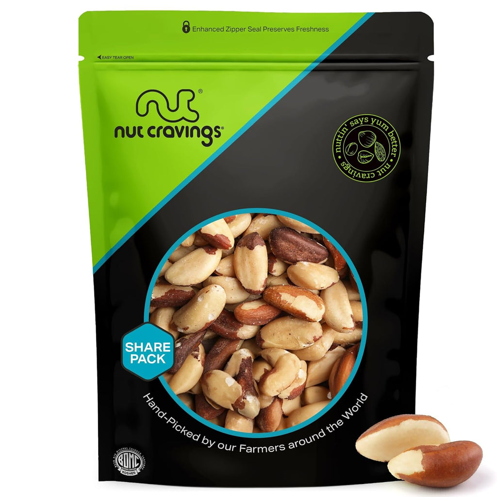 NUT CRAVINGS - Raw Brazil Nuts, Unsalted, No Shell, Whole, (16oz - 1 LB) Packed Fresh in Resealable Bag - Kosher Healthy Snack, Food Assortments