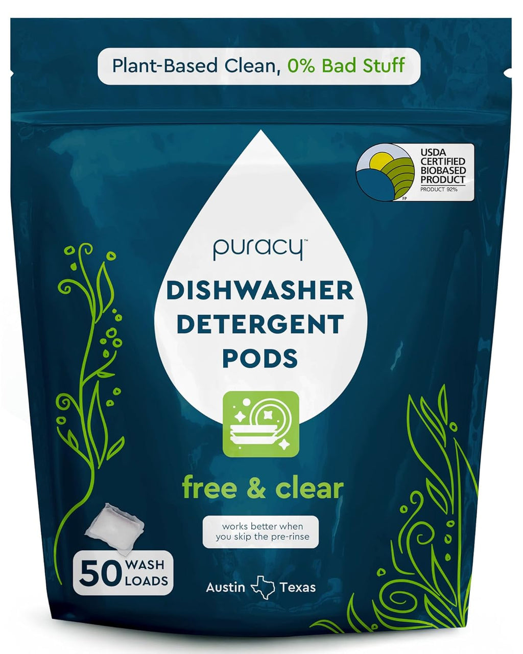 Puracy Dishwasher Pods, Natural Dishwasher Detergent, Free & Clear Dish tabs - Enzyme-Powered, Spot & Residue Free - TikTok Trend Items, Must Haves from TikTok Made Me Buy It (Free & Clear, 50 Count)