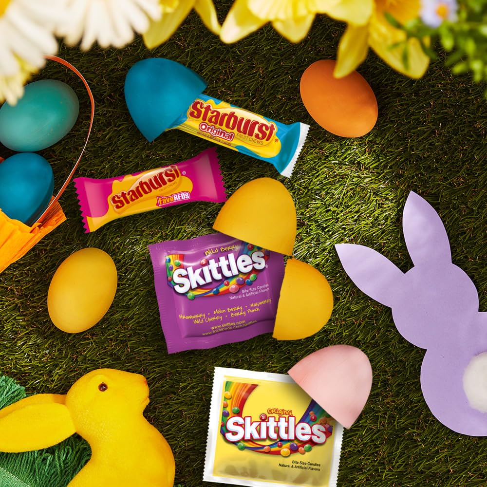 SKITTLES & STARBURST Mixed Funsize Variety Bag Stand Up Pouch, Easter Candy Bulk for Filling Eggs, Easter Basket Stuffers, 32.28 Ounce Bag