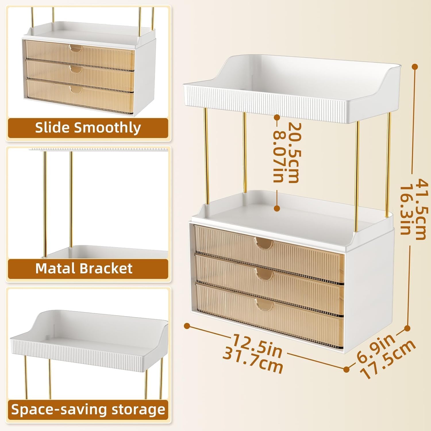 3 Drawers Makeup Organizer - 5 Tier Bathroom Counter Organizers and Storage, Versatile Perfume Vanity Organizer, Ideal for Cosmetic, Large Skincare, Face Mask, Office Supplies, Amber