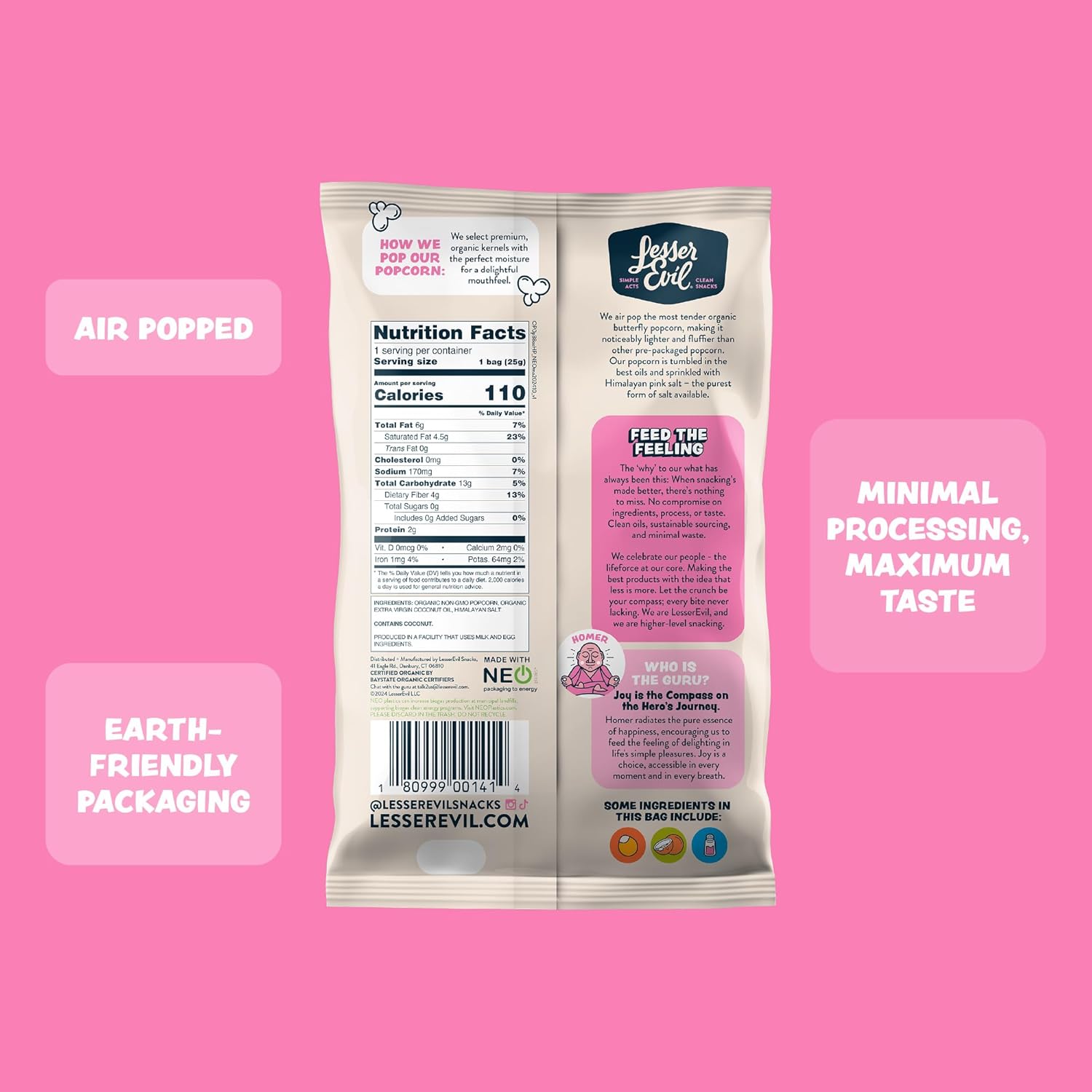 LesserEvil Himalayan Pink Salt Organic Popcorn, Premium Quality, Minimally Processed, No Vegetable Oil, 0.46 Oz, Pack of 24