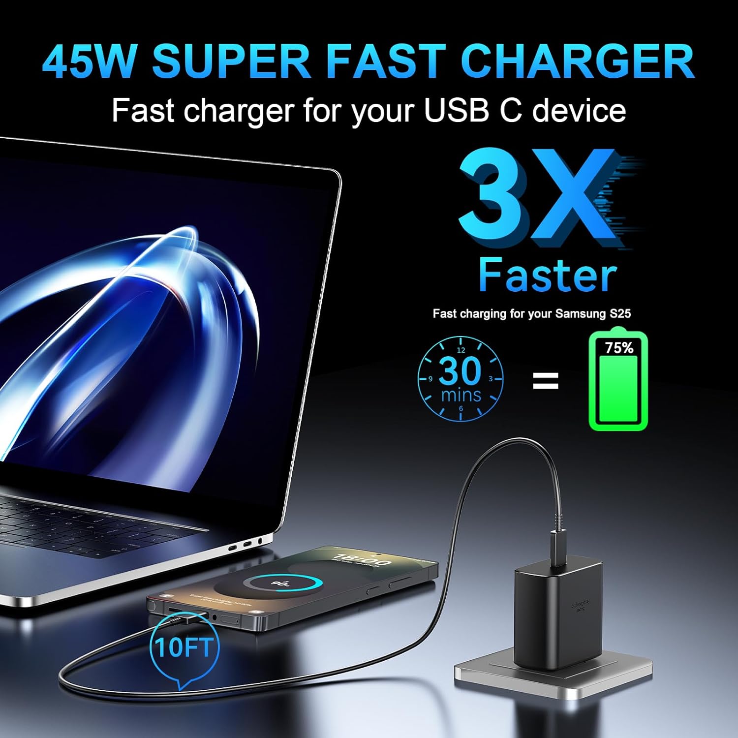 45W USB C Super Fast Charger, Type C Charger Fast Charging Android Phone Charger Block with 10FT Type C Charging Cable for Samsung Galaxy S25/S25 Ultra/S25+/S24 Ultra/S24/S24+/S23/S23 Ultra/S22 Ultra