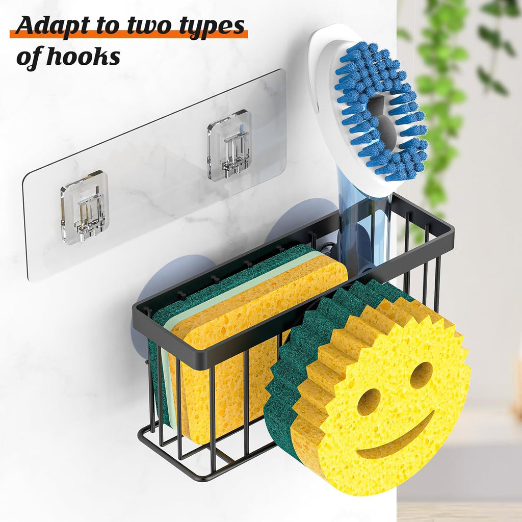 Sponge Holder Smiley Face, Sink Caddy for kitchen Sink, Kitchen Organizer Sponge Holder with 2 PCS Suction Cups/1 PCS Adhesive Strips, Designed for Sponge, Soap, Dish brush, Scrubber-Black
