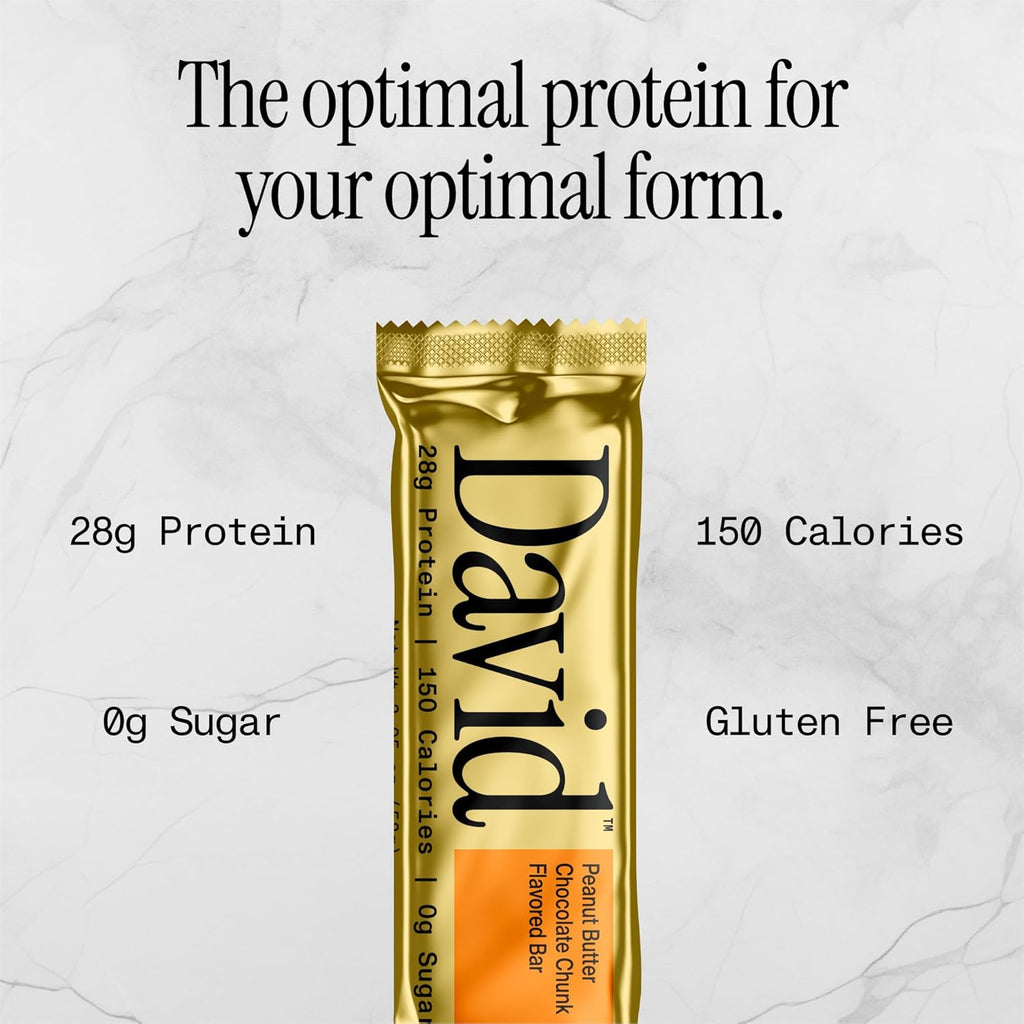 David High Protein Bars No Sugar - Sugar Free Protein Bars, Low Carb, Gluten Free - 28g of Protein, 150 Calories - David Bar On-The-Go Snack - Peanut Butter Chocolate Chunk Flavor, Pack of 12